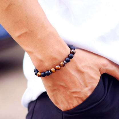 Herrenarmband Onyx & Tigerauge – 8 mm Natursteinarmband mit Hämatit