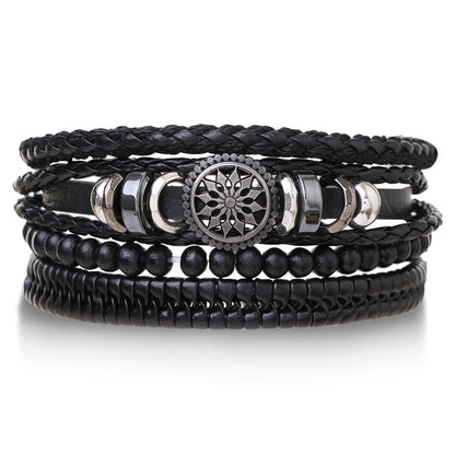 Mehrlagiges Herrenarmband „Urban Gear“ – Leder, Perlen & Metall | Verstellbar, Schwarz