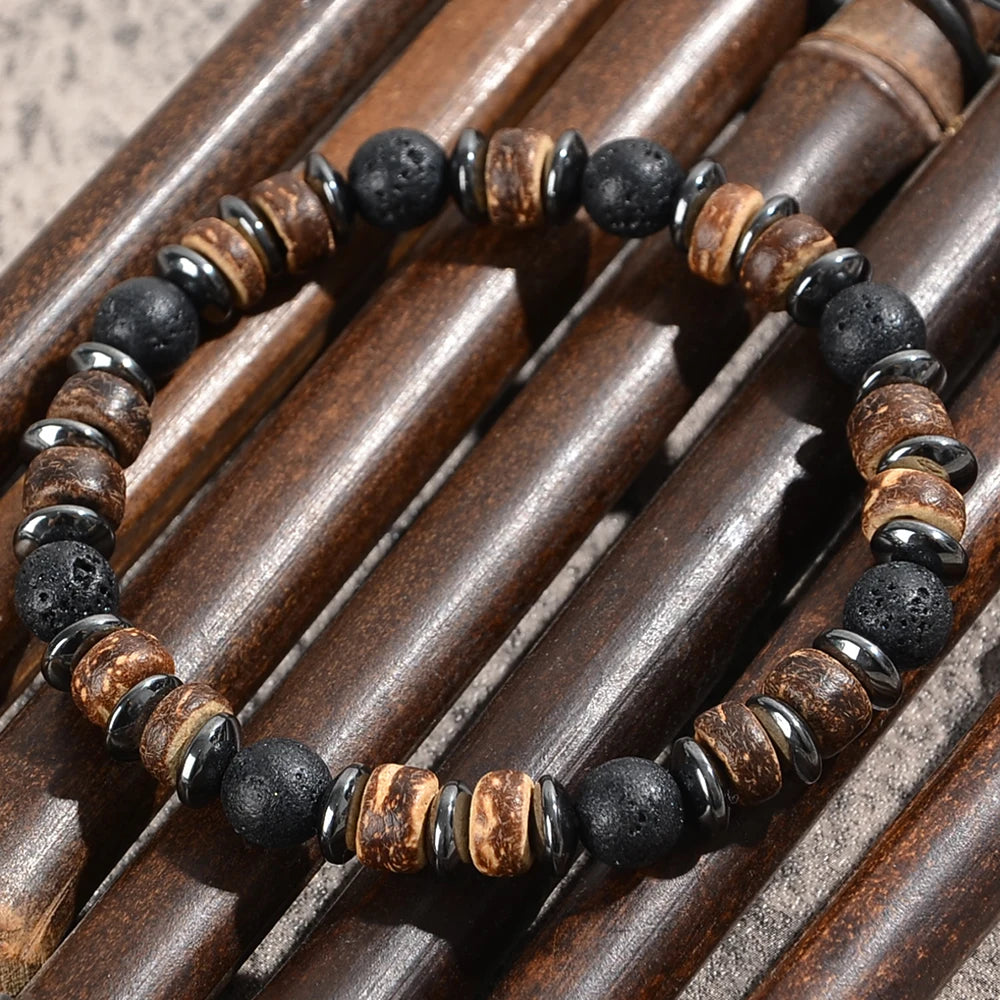 Lava & Holzperlen Armband mit Hämatit – Herren Naturstein