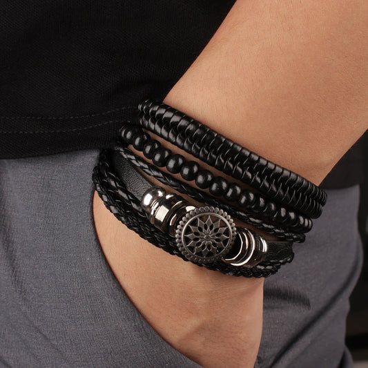 Mehrlagiges Herrenarmband „Urban Gear“ – Leder, Perlen & Metall | Verstellbar, Schwarz