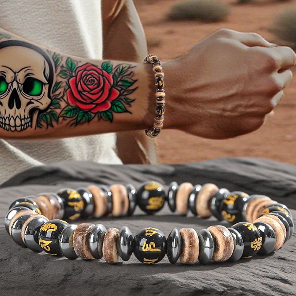 Lava & Holzperlen Armband mit Hämatit – Herren Naturstein