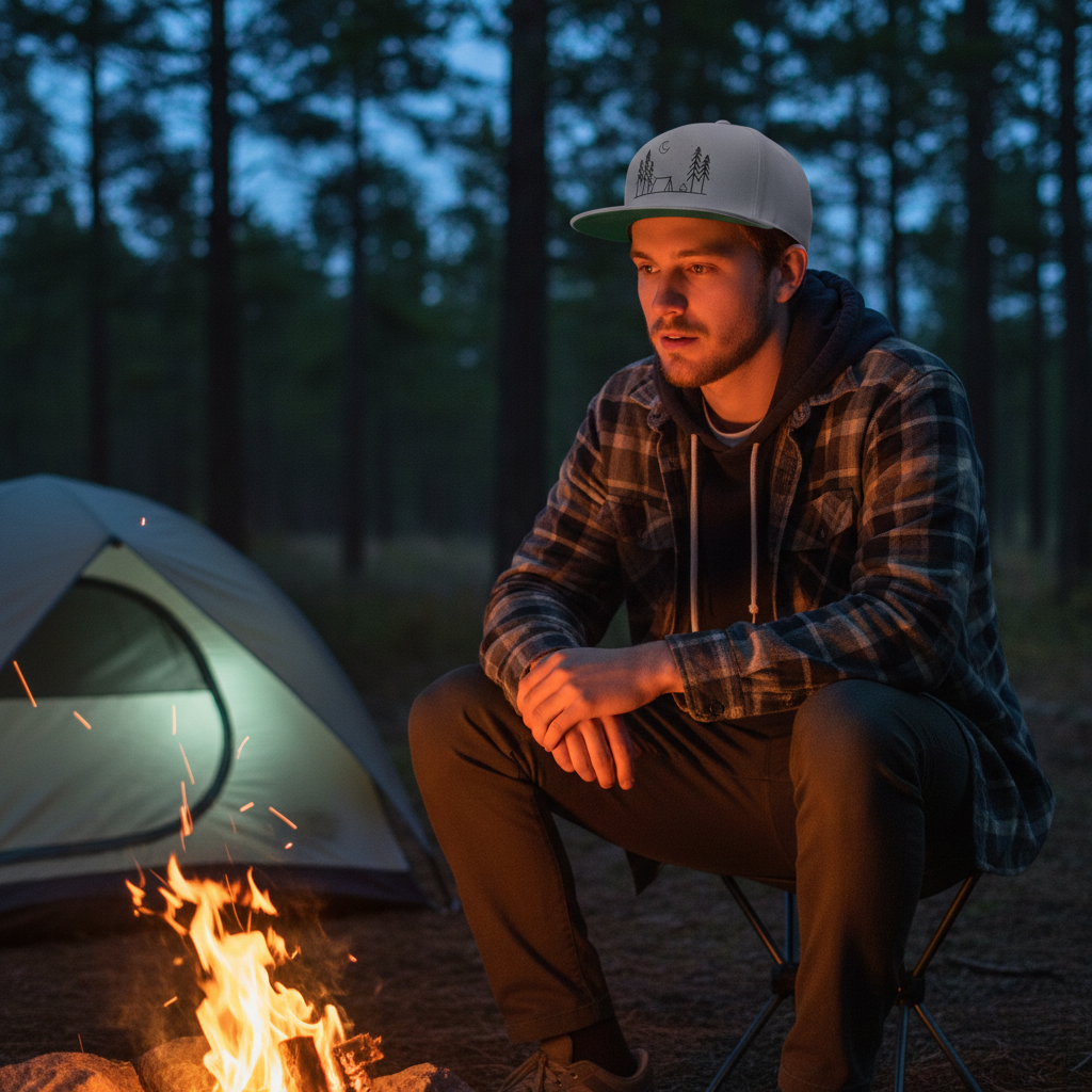 Camping Cap am Lagerfeuer