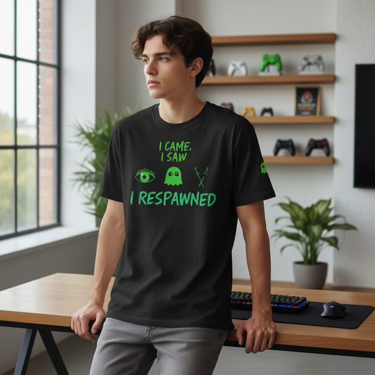I Came I Saw I Respawned Gaming T-Shirt auf einem Modell in einem Gaming-Zimmer mit Pflanzen und Spielkonsolen im Hintergrund.