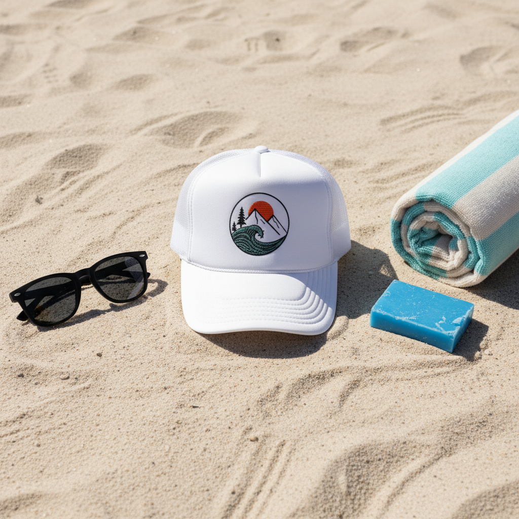 Wave Horizon Trucker Cap Flatlay am Strand