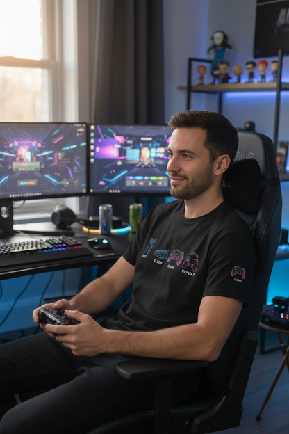 Mann trägt Eat Sleep Game Repeat Gaming T-Shirt