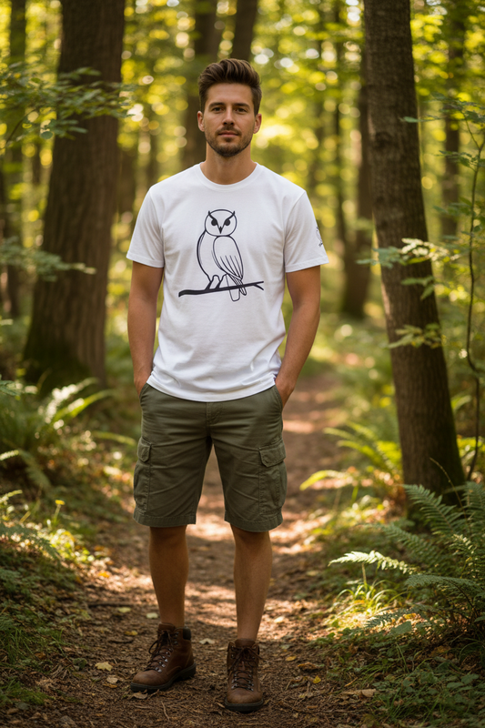 Mann trägt Owl Graphic Tee