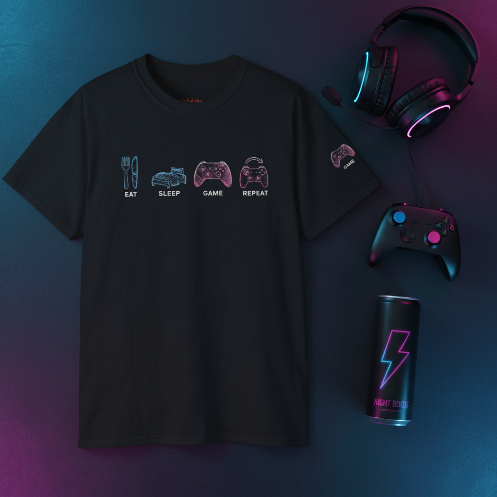 Gaming T-Shirt Flatlay mit Controller und Headset