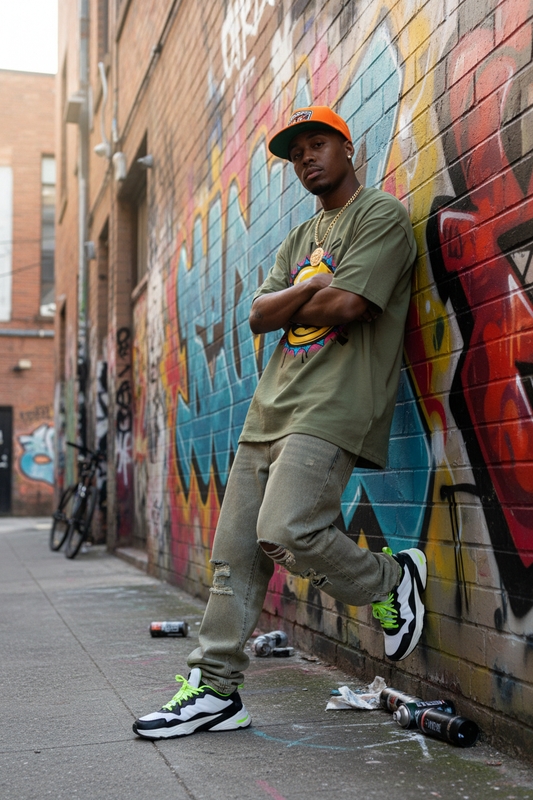 Hip-Hop Tänzer in urbanem Setting mit Retro Smiley Oversize T-Shirt Olive