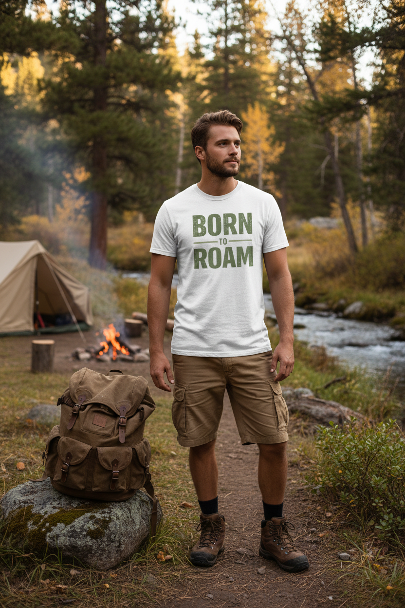 Mann trägt Born to Roam T-Shirt