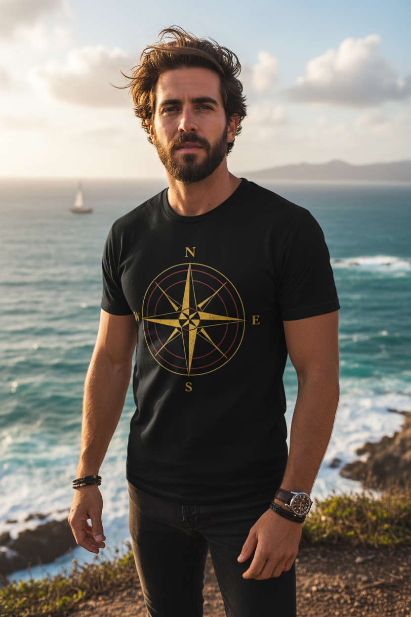 Mann trägt Compass Rose T-Shirt