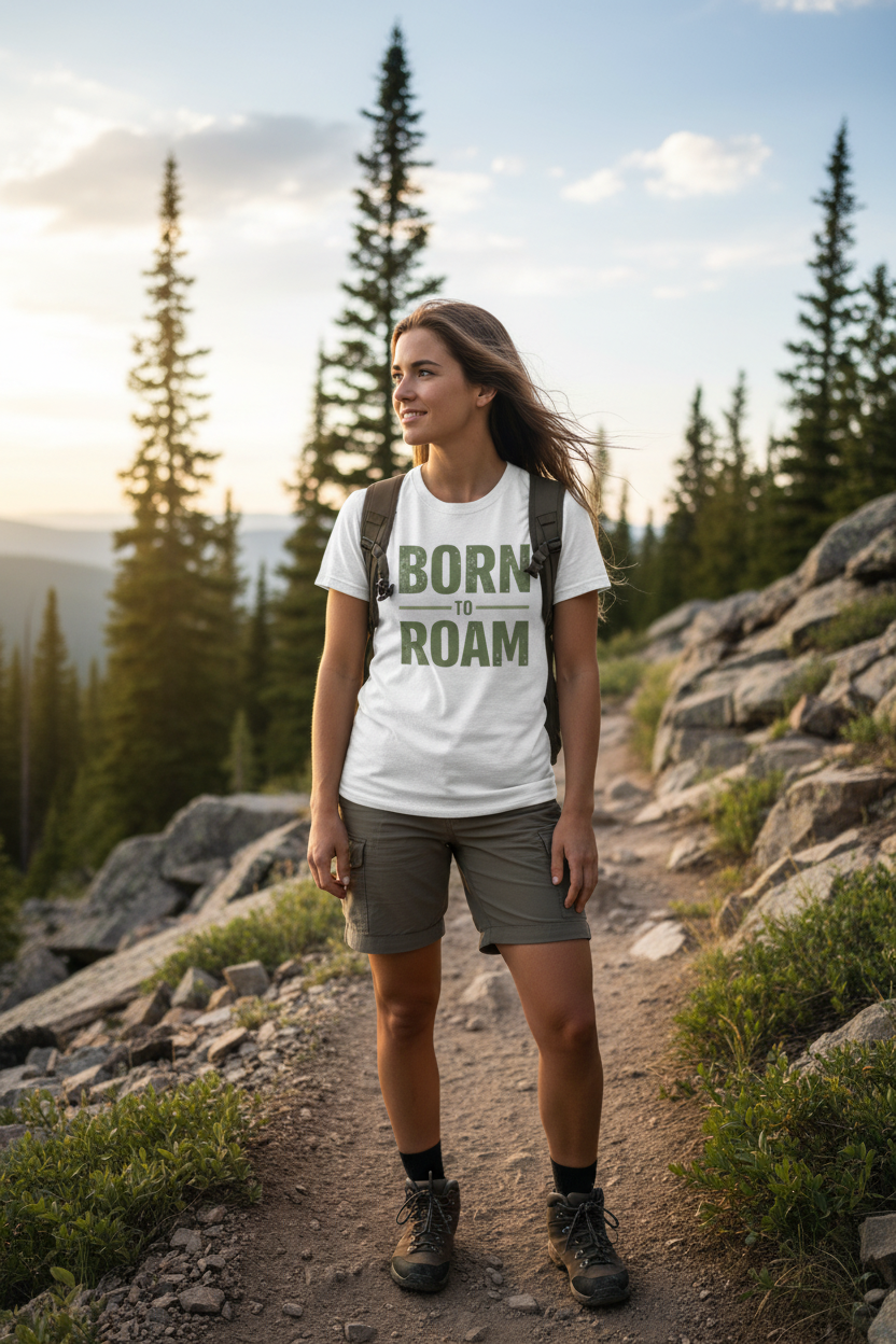 Frau trägt Born to Roam T-Shirt