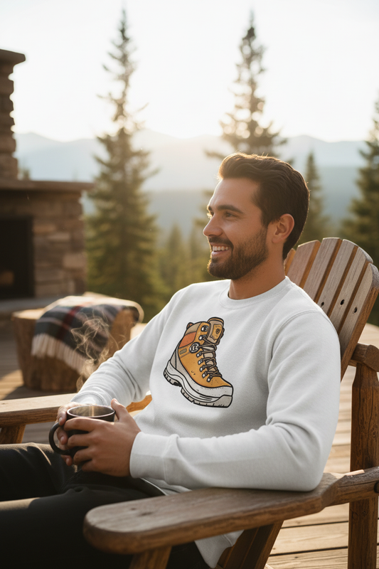 Mann trägt Hiking Boot Sweatshirt
