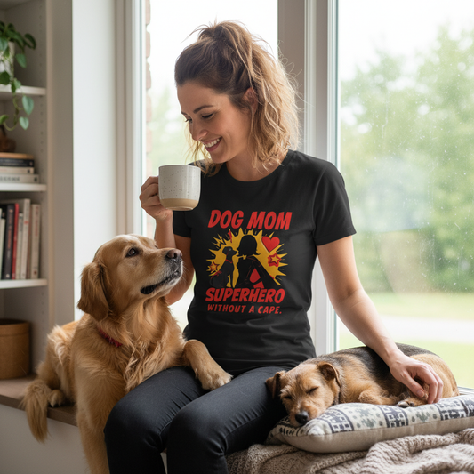 Frau trägt Hundemama Superheld T-Shirt