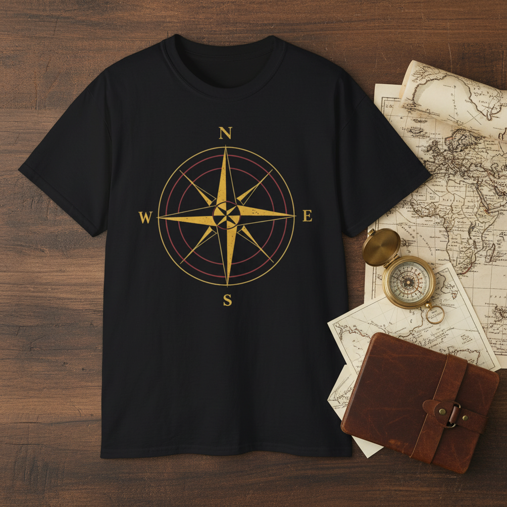Compass Rose Shirt Flatlay mit Karte und Kompass
