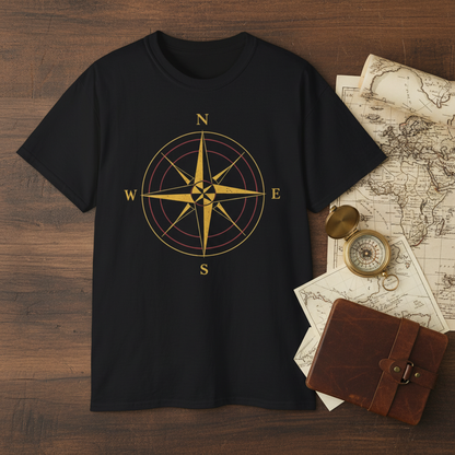 Compass Rose Shirt Flatlay mit Karte und Kompass