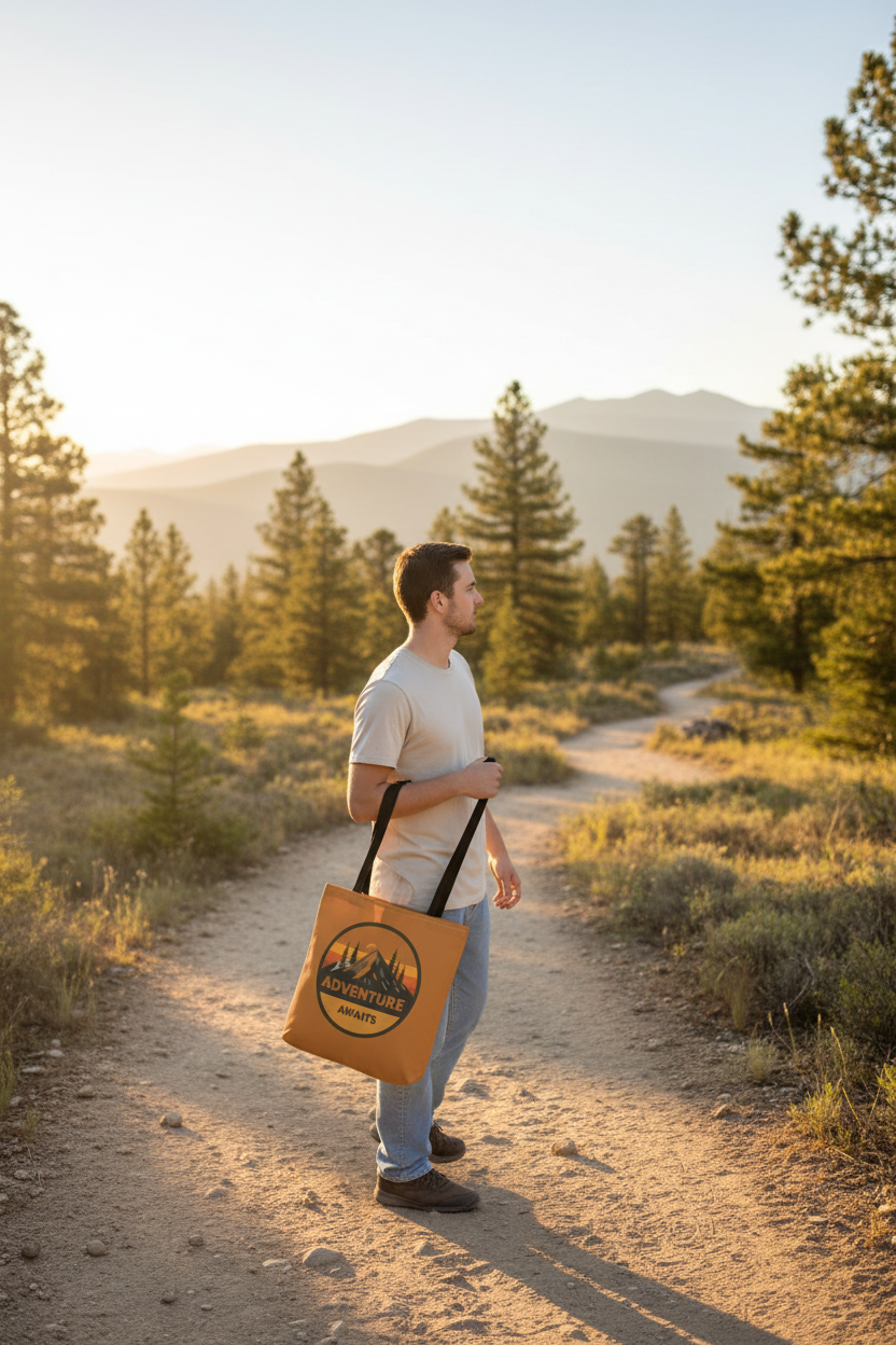 Person trägt Adventure Awaits Tote Bag