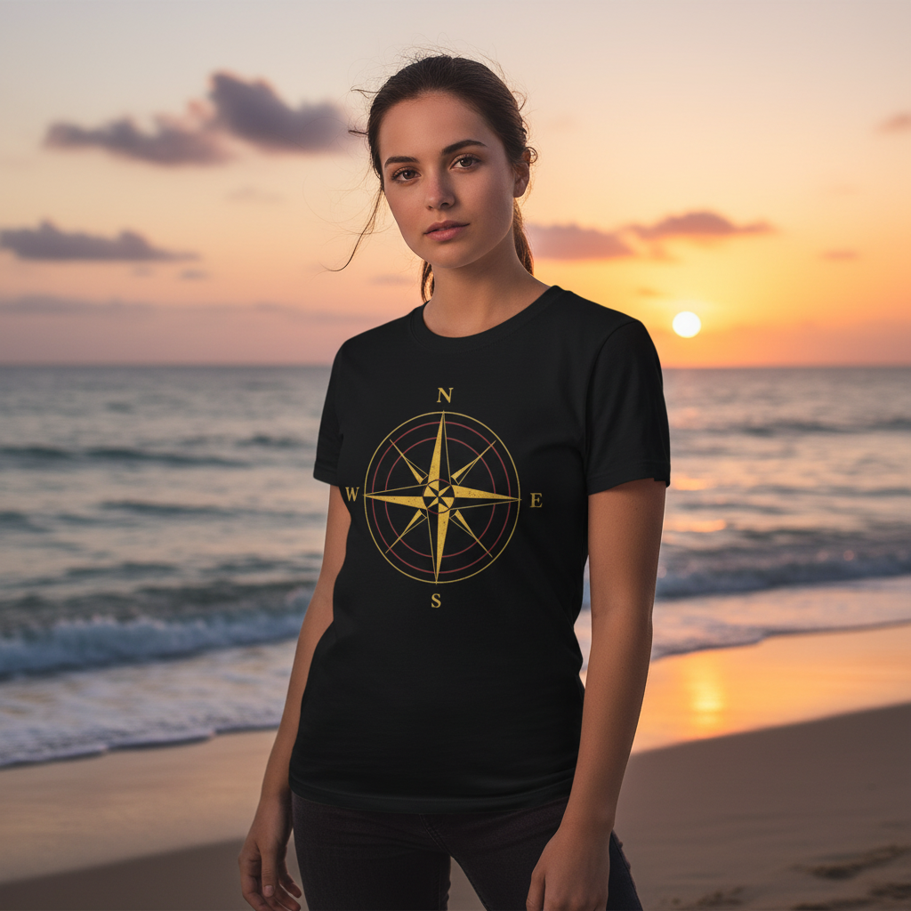 Woman at Beach with Compass Tee