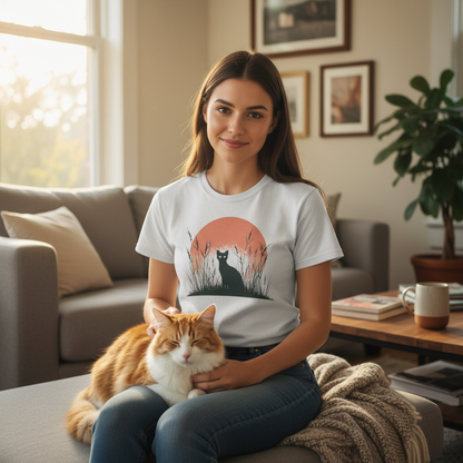 Eine Frau trägt das Cat Sunset Silhouette T-Shirt, während sie mit ihrer Katze in einem gemütlichen Wohnzimmer sitzt.